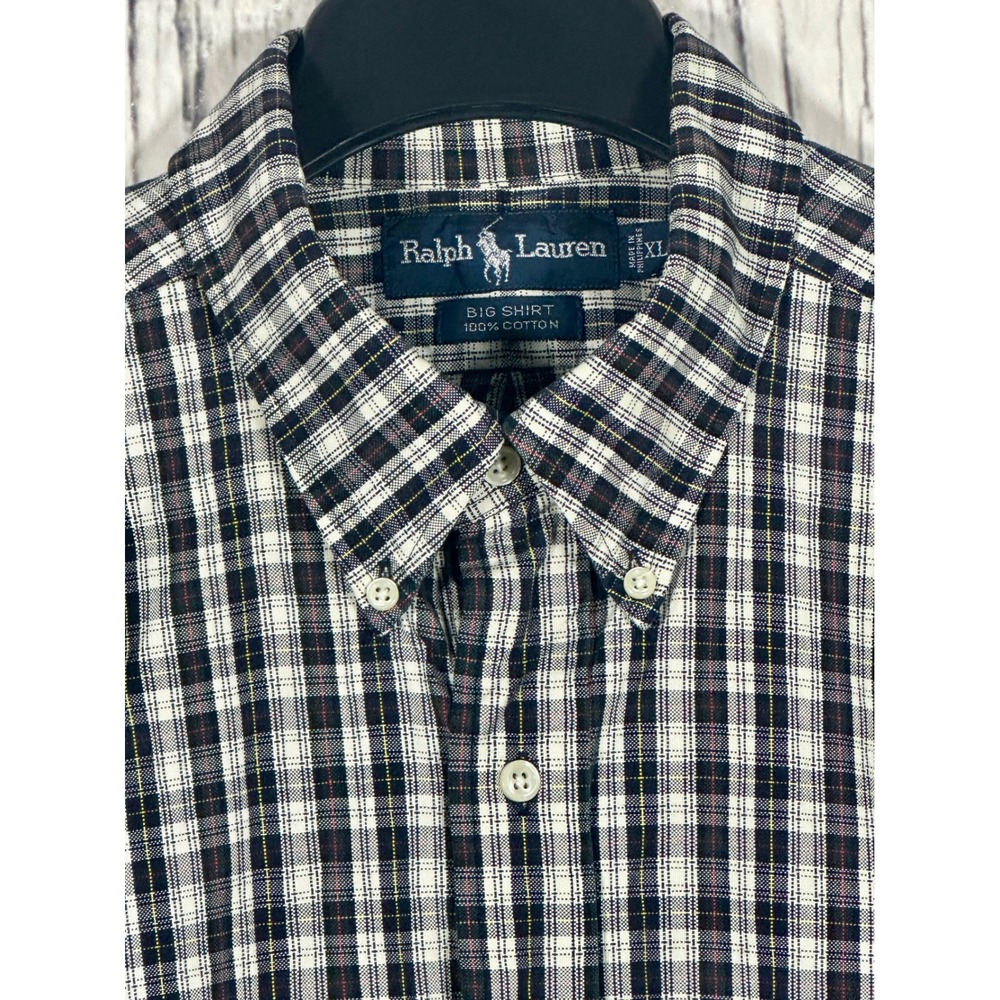 Ralph Lauren Big Shirt Mens XL Navy White Plaid Big Fit 90s Button Down Shirt